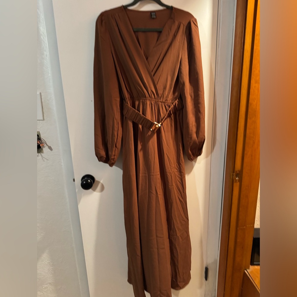 Burnt Orange, long-sleeve, buckle floor length dress